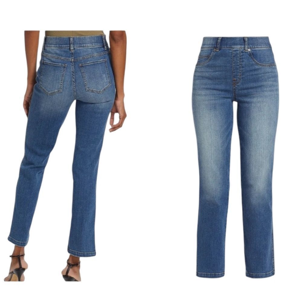 Spanx High Rise Straight Leg Denim Vintage Indigo Wash Distressed Size L